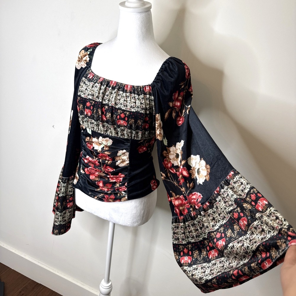 Whimsigoth Velvet Smocked Bell Sleeve Boho Peasant Blouse Top Festival Witchy S